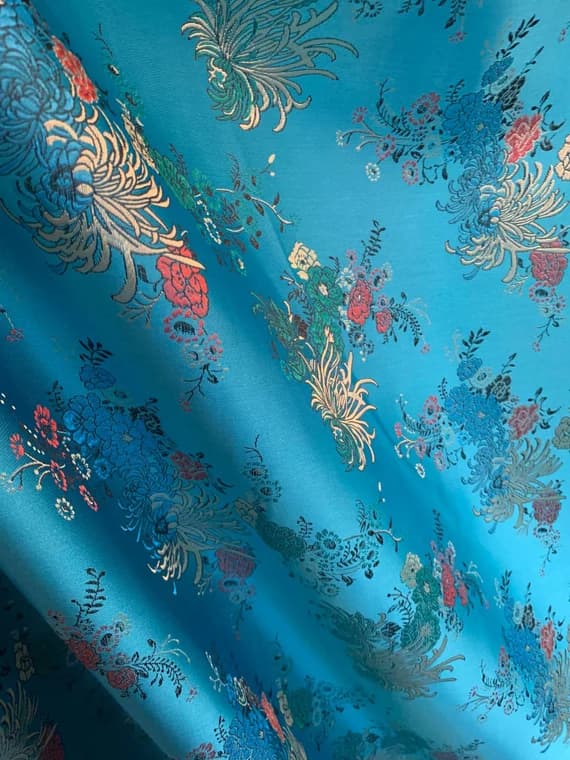 turquoise brocade fabric - Turquoise Mums Floral - Faux Silk Brocade Jacquard Fabric