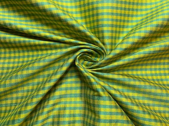 green dupioni fabric - Yellow & Lime Green Checkered Gingham - Silk Dupioni Fabric