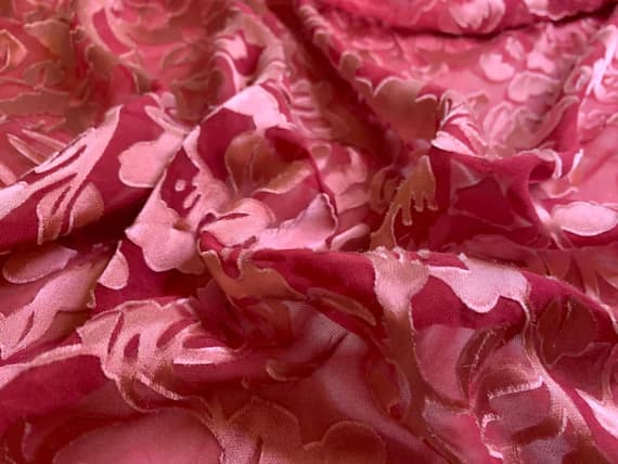 red charmeuse fabric - 1/2 yard increments Burnout Devore Satin - Deep Red Hand Dyed Floral Fabric