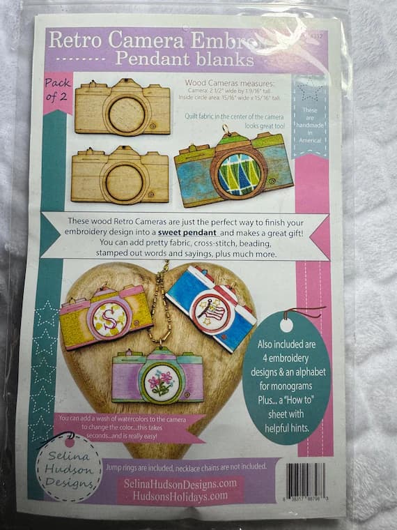 fabric - 2 Retro Camera Pendant Embroidery Blanks - Selina Hudson Designs wood Frame cross stitch Craft Supply Jewelry