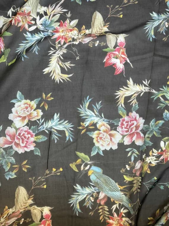 black chiffon fabric - Birds & Flowers on Black - Silk Chiffon Fabric