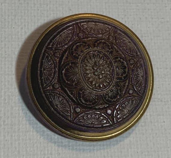 gold none - Hand Painted Mauve & Gold Floral Vintage Czech Glass Button 1-1/16"