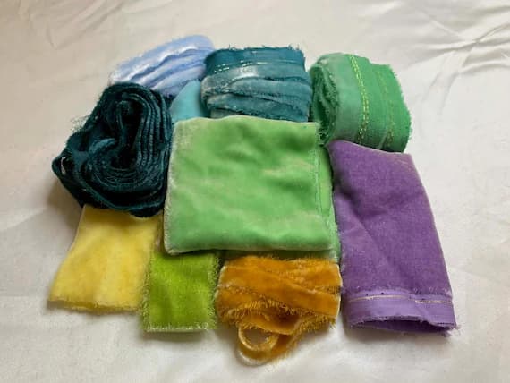 none - Hand Dyed Silk Velvet Fabric & Ribbon Remnant Lot Scrap Bag #13 Spring Colors