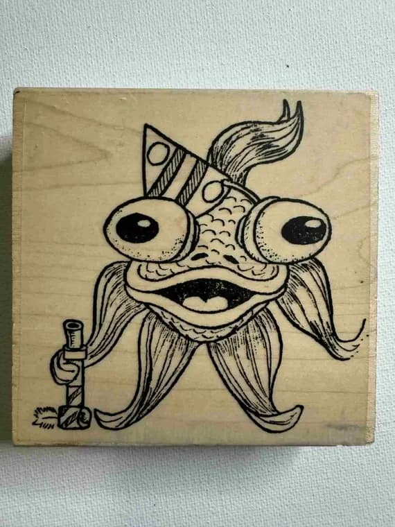 none - 3.25"x3.25" Crazy Party Fish Wood Mounted Rubber stamp.