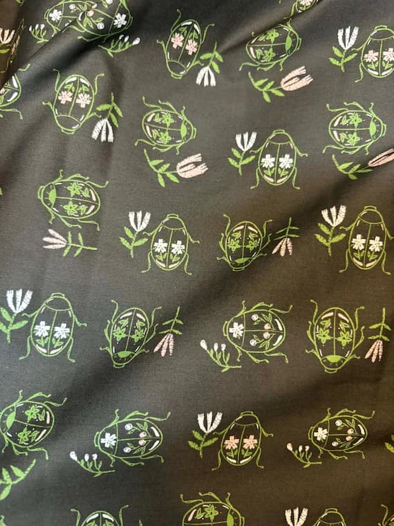black cotton fabric - Flowers Beetles Green/Black - Merriweather - Art Gallery Fabrics - Premium Cotton Fabric