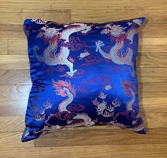 gold velvet fabric - Silky Brocade Pillow Cover - Blue & Gold DRAGONS - Handmade