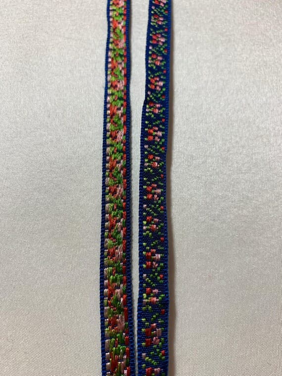 red none - Vintage Red Flowers on Blue - Jacquard Ribbon 5/16" wide -2 Yards-
