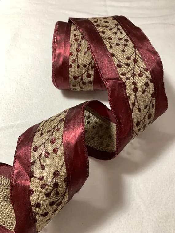 none - 2.5 yards Christmas Berries Vintage Wired Taffeta & Burlap Ribbon 3.5" wide