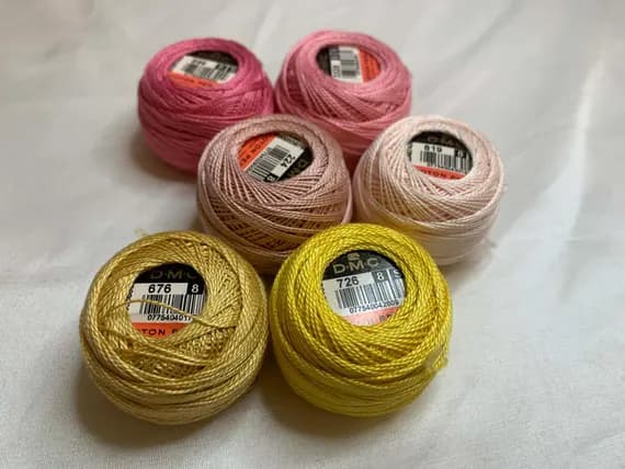 blush none - lot of 6 DMC 116 8 Perle Cotton Thread Balls; Size 8 brand new Blush Pink and Yellow #169