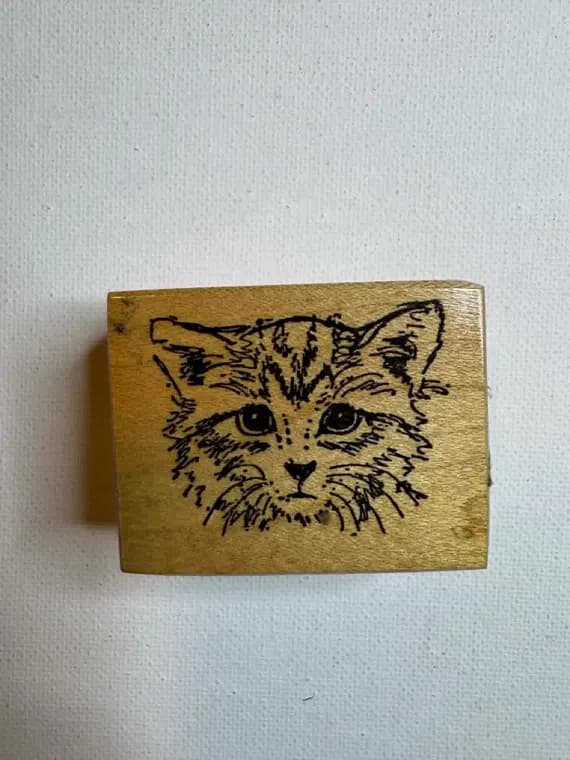 none - 1.5"x2" 1983 Cat Face Wood Mounted Rubber Stamp. By PSX