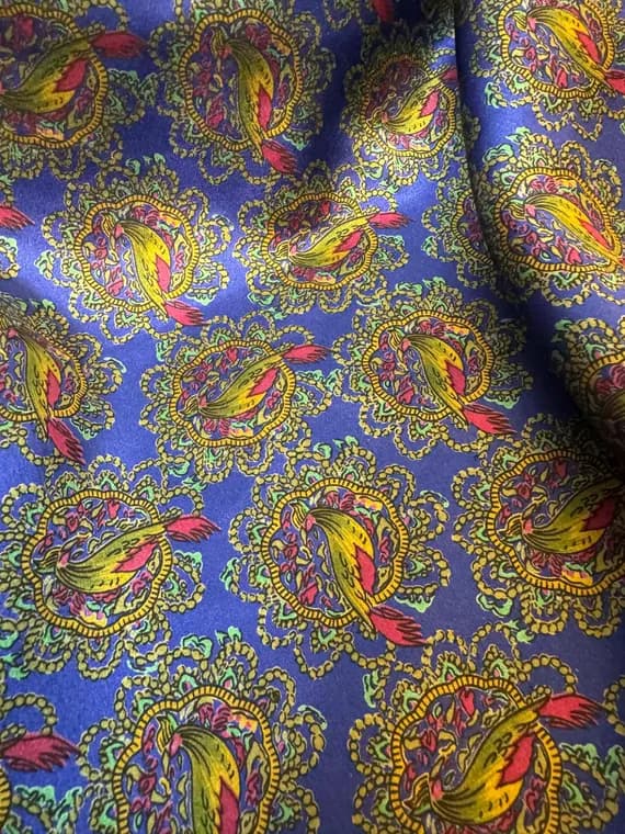 navy charmeuse fabric - 1/2 yard increments Navy Blue with Birds - Vintage Silk Charmeuse