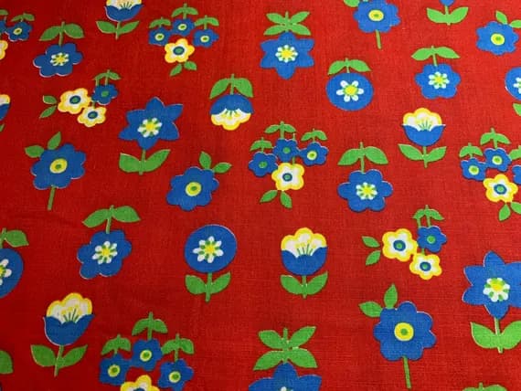 red cotton fabric - 1/2 yard increments Red with Blue Flowers - Vintage Cotton Fabric