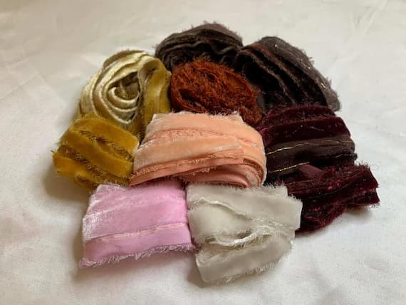 none - Hand Dyed Silk Velvet Fabric & Ribbon Remnant Lot Scrap Bag #11