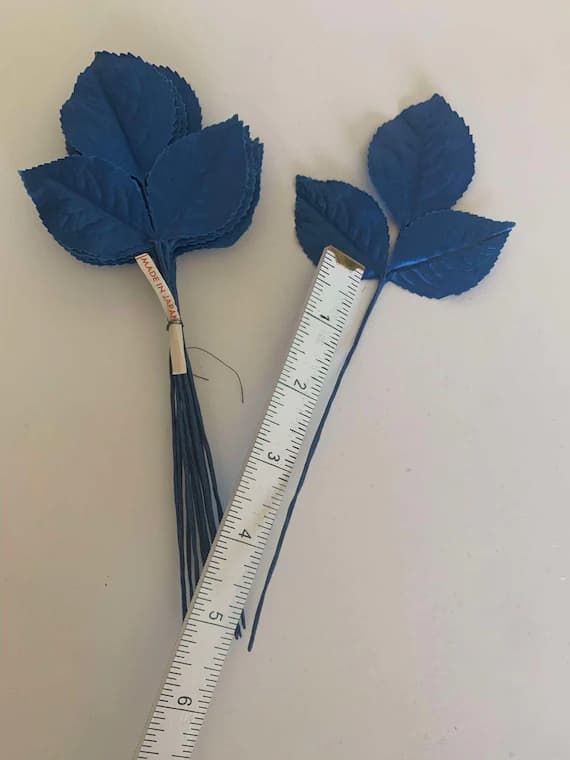 blue satin fabric - Blue Leaf Cluster - Vintage Millinery Floral Made in Japan - 3 Stems (9 Leaves)