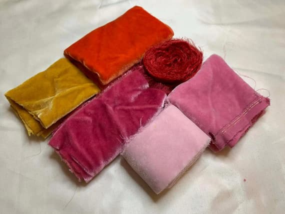 none - Hand Dyed Silk Velvet Fabric & Ribbon Remnant Lot Scrap Bag #91 Bright Sunset