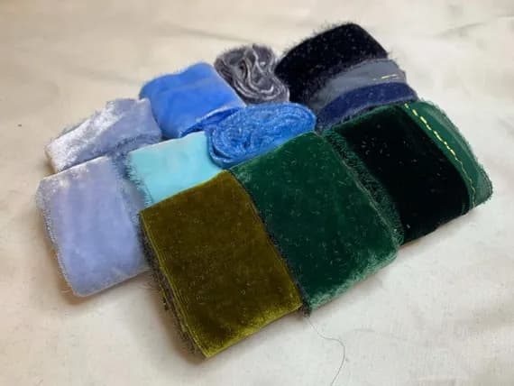 none - Hand Dyed Silk Velvet Fabric & Ribbon Remnant Lot Scrap Bag #98 Blues and Greens