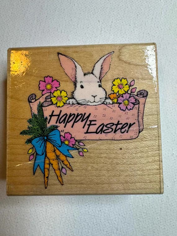none - 2.5"x2.5" Happy Easter Banner Bunny Wood Mounted Rubber Stamp (F468). By Hero Arts