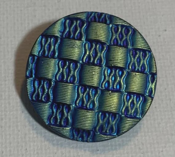 none - Frosted Glass Iridescent Basketweave Check Vintage Czech Glass Button 1-1/16”