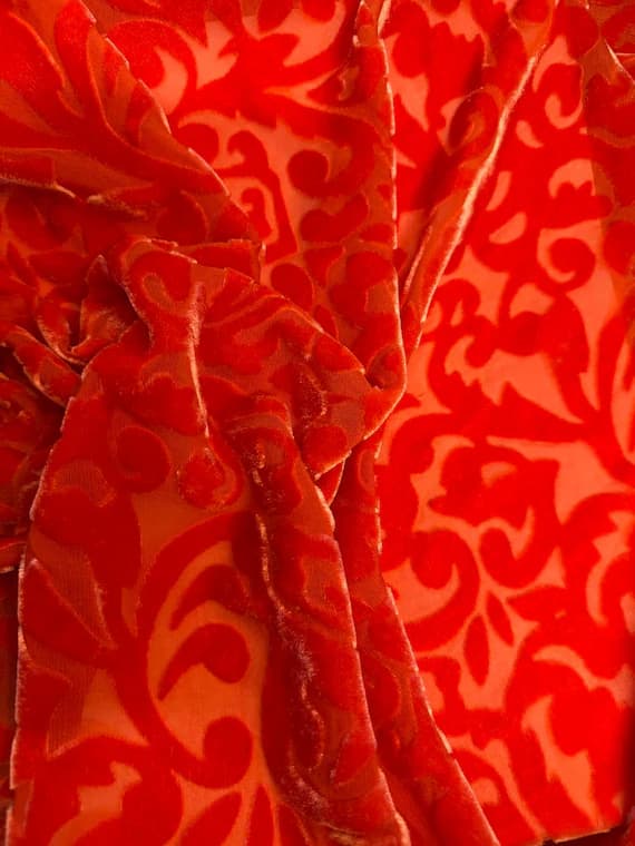 orange velvet fabric - BLOOD ORANGE SCROLL - Hand Dyed Burnout Silk Velvet