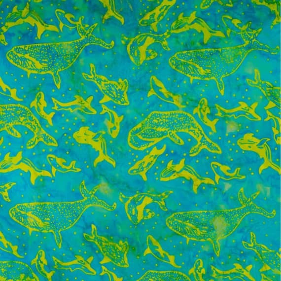 green cotton fabric - Iceberg Whales Jhansi Green - Batik by Mirah Cotton Fabric