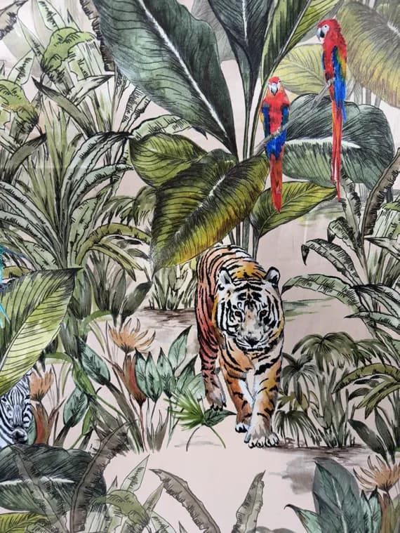 charmeuse fabric - Jungle Print Tiger & Parrots - Stretch Silk Charmeuse Fabric