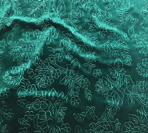 hunter velvet fabric - Hunter Green Floral Branches - Embossed Stretch Poly Velvet Fabric