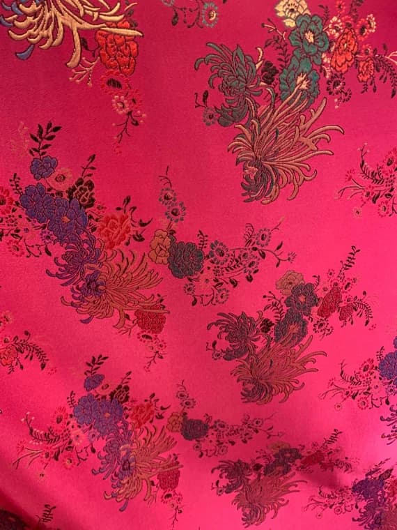 gold brocade fabric - Fuchsia Pink & Gold Mums Floral - Faux Silk Brocade Jacquard Fabric