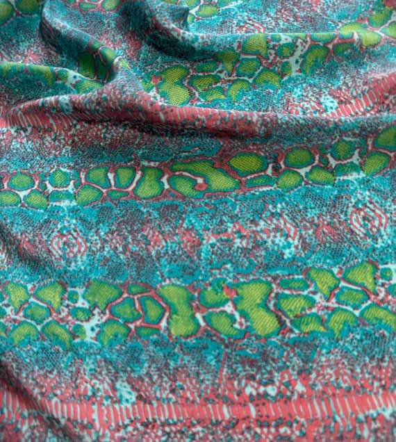 turquoise crepe fabric - Turquoise; Lime & Pink Snakeskin - 16mm Silk Crepe de Chine Fabric
