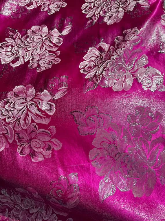 silver brocade fabric - Fuchsia Pink & Silver Large Floral - Faux Silk Brocade Jacquard Fabric