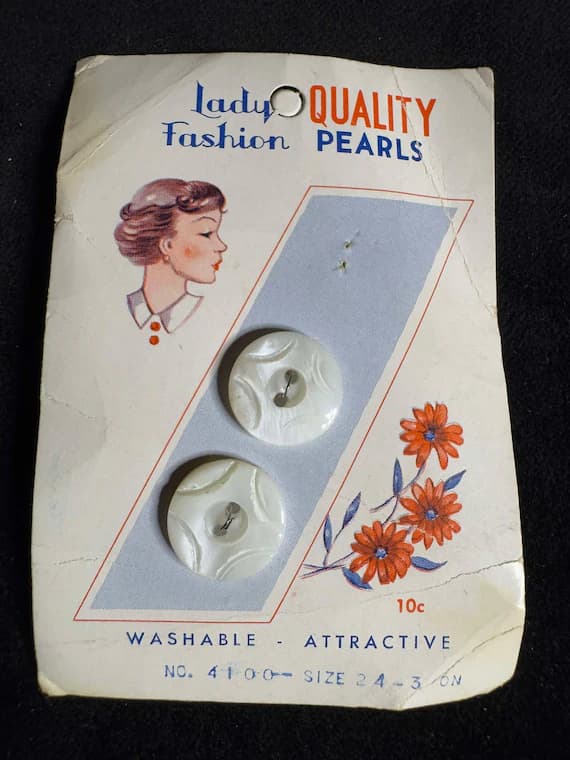 none - Set of 2 Vintage 5/8" Round Carved Pearl MOP Buttons on Original Graphic Floral Lady Card