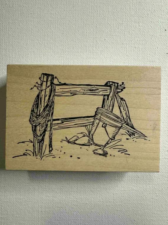 none - 2.5"x3.5" Hitching Post Rural Bucket and Fence Wood Mounted Rubber stamp. Item# J1616 By: Art Impressions