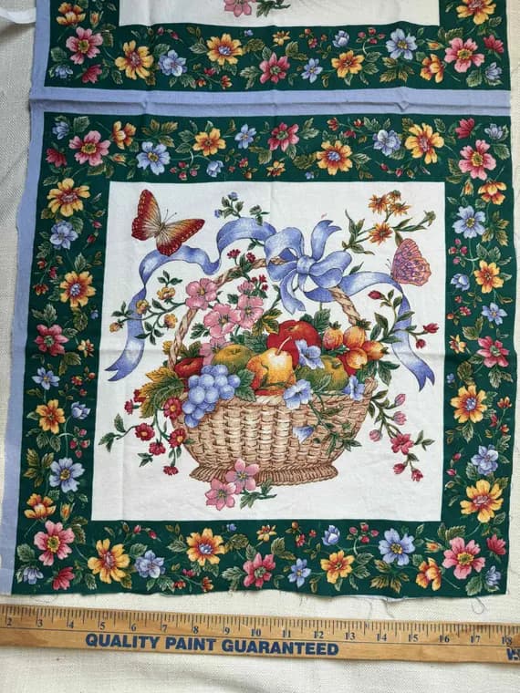 green cotton fabric - Vintage Pillow/Border Fabric Panel - Fruit & Floral Basket - Set of 2 - 16" Green