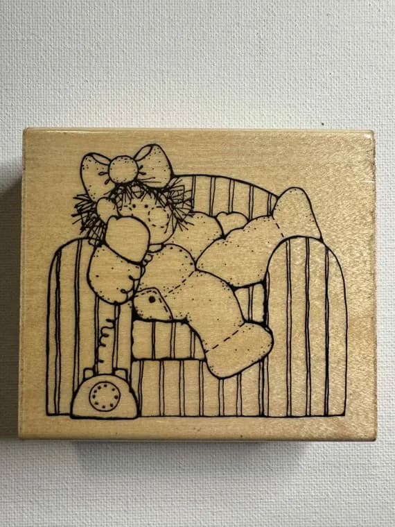none - 3"x3.5" Anne Doll on the Phone Wood Mounted Rubber stamp. Item# Q212 By: D.O.T.S