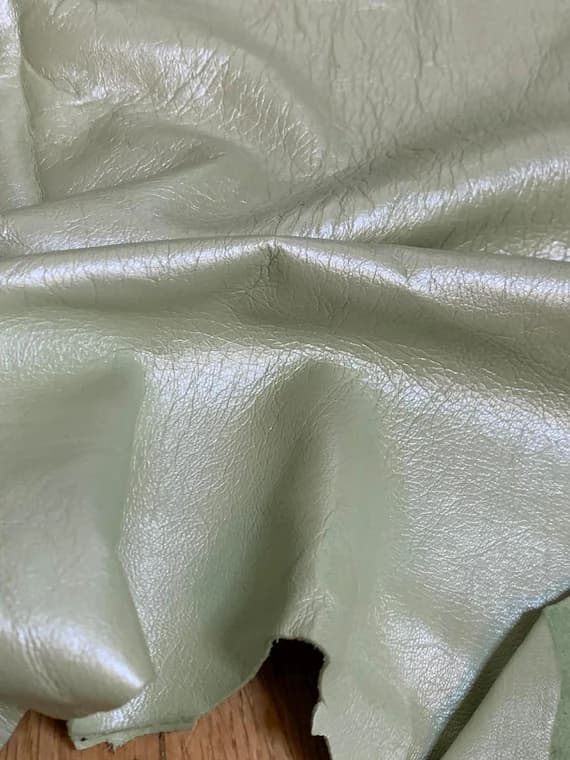green leather - Metallic Pearl LIGHT GREEN Lambskin Leather Whole Hide 7 Square Feet
