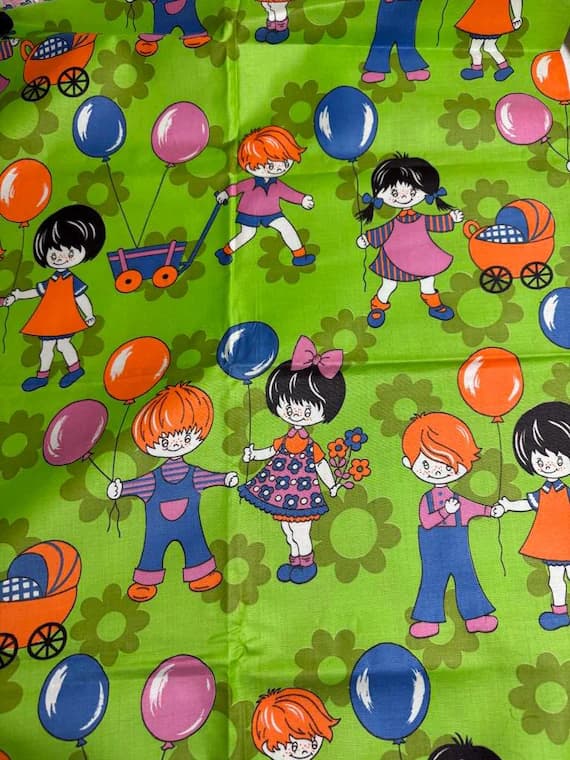 green cotton fabric - Vintage Bright Green Children Playing Cotton Fabric 1 &2/3 Yards