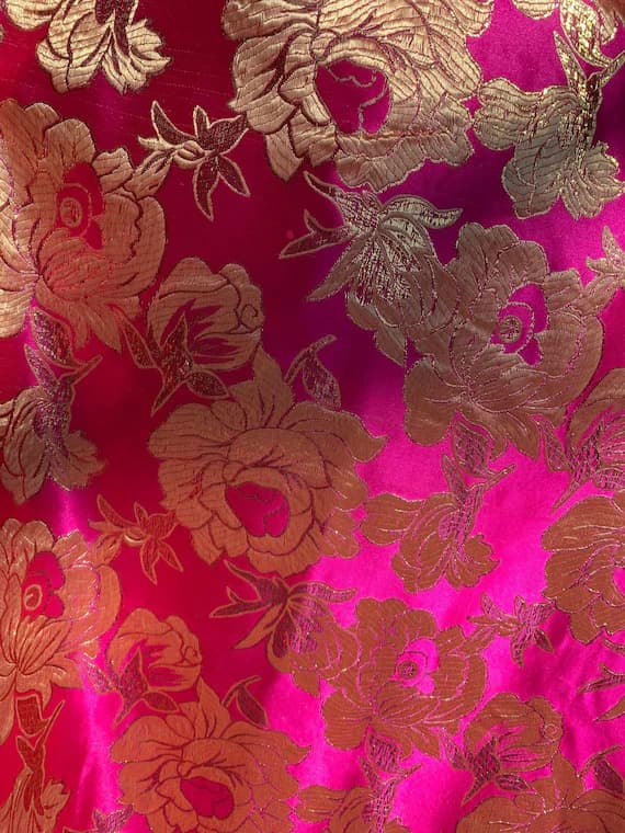 gold brocade fabric - Hot Pink & Gold Floral - Faux Silk Brocade Jacquard Fabric