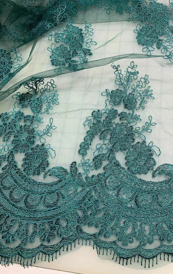 teal lace - Teal Floral Scalloped Border Embroidered Tulle Lace Fabric