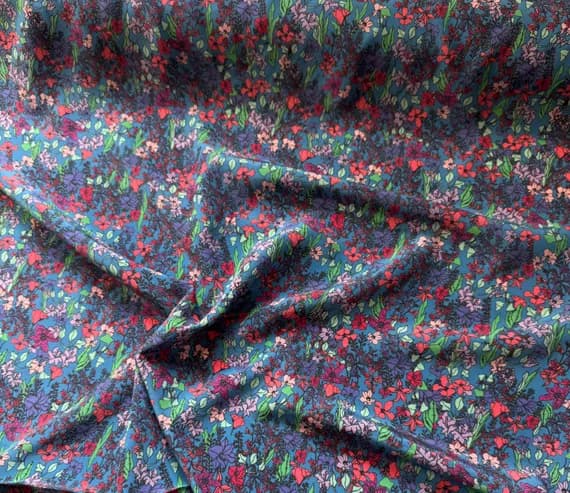 red crepe fabric - Blue with Pink & Red Flowers - 16mm Silk Crepe de Chine Fabric