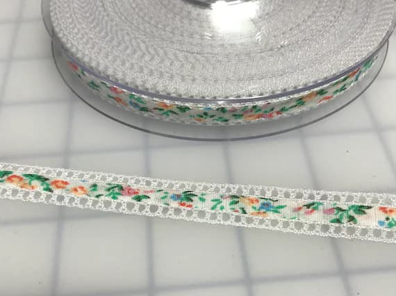 white none - White Floral Ribbon with Lace Edge Made in France (1/2" wide)