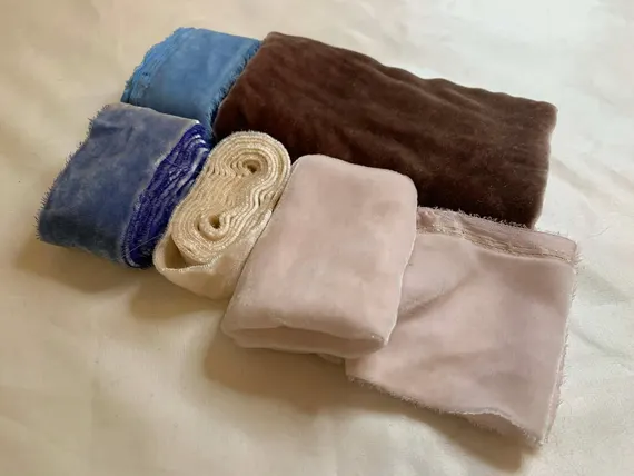 blush none - Hand Dyed Silk Velvet Fabric & Ribbon Remnant Lot Scrap Bag #75 Blue and Blush