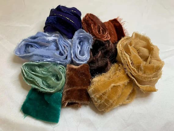 gold none - Hand Dyed Silk Velvet Fabric & Ribbon Remnant Lot Scrap Bag #6 Blue Brown Gold