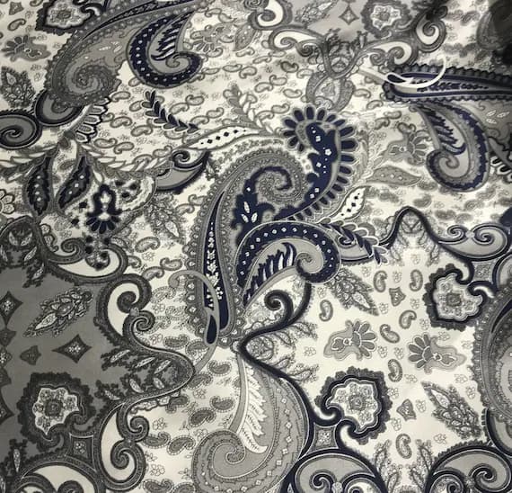 navy charmeuse fabric - Navy & Silver Paisley - Silk Charmeuse Fabric