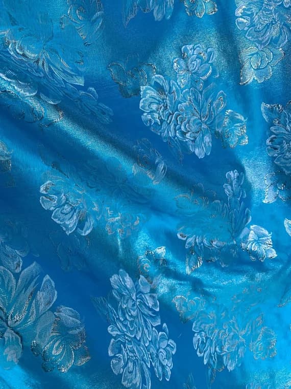 turquoise brocade fabric - Turquoise & Silver Roses - Faux Silk Brocade Jacquard Fabric