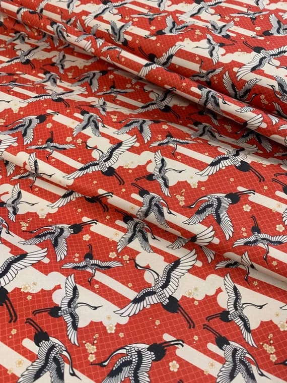 red cotton fabric - Kimonos & Koi - Japanese Cranes Red - Paintbrush Studio Cotton Fabric