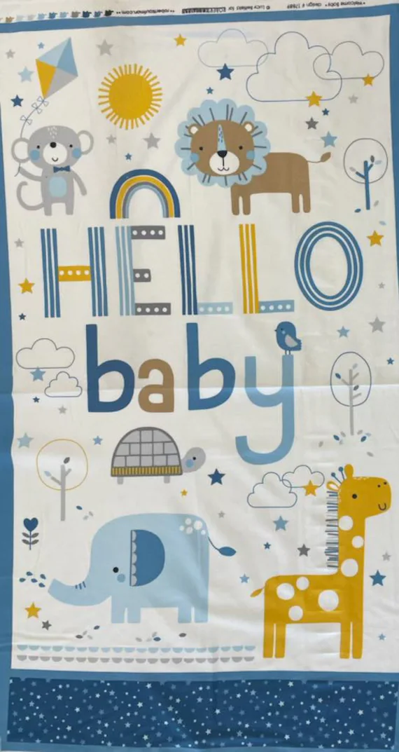 cotton fabric - Hello Baby Boy Panel 24"x45" - Robert Kaufman Cotton Flannel Fabric