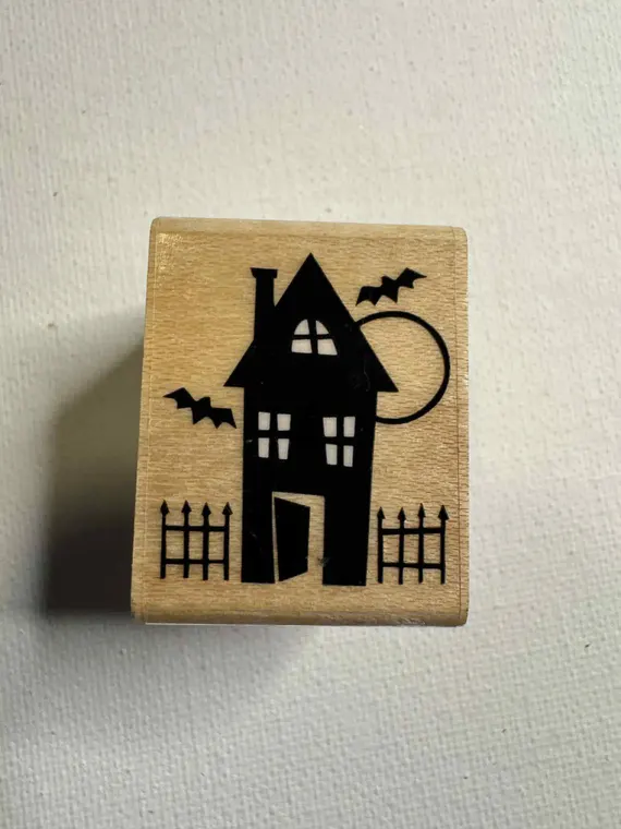 none - 1"x1.25" Haunted House Halloween Wood Mounted Rubber stamp. By: Hero Arts