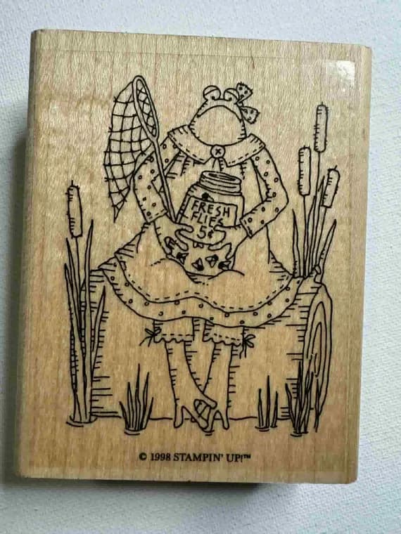 none - 3"x3.75" Frog Fly Fisher Wood Mounted Rubber stamp. By: Stampin' Up / Teri S