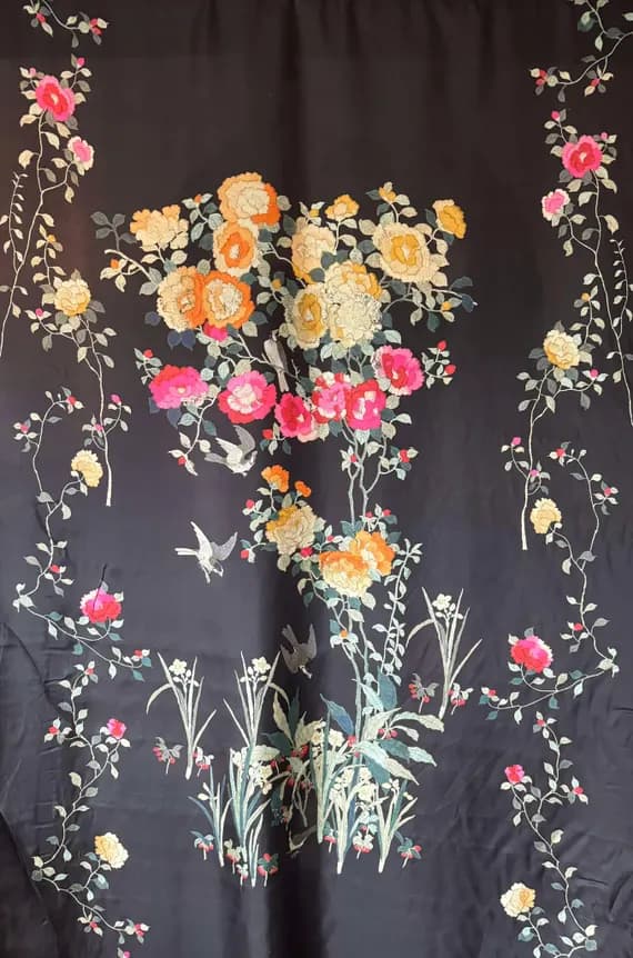 twill fabric - Johnny Was Birds Floral Flowers Print - 100% Silk Twill Fabric Panel