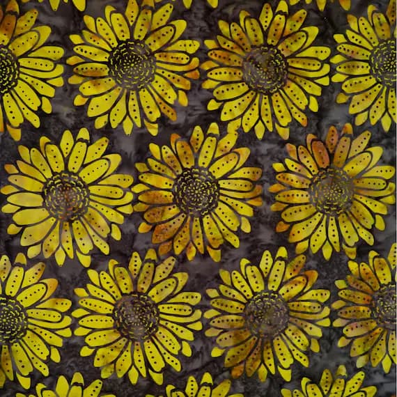 gray cotton fabric - Yellow Flowers on Gray - Embarcadero - Batik by Mirah Cotton Fabric