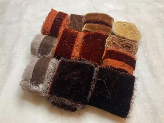 none - Hand Dyed Silk Velvet Fabric & Ribbon Remnant Lot Scrap Bag #102 autumn
